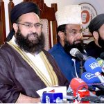 Chairman Pakistan Ullema Council and Special Representative of Prime Minister of Pakistan for Interfaith Harmony and Middle East Hafiz Muhammad Tahir Mahmood Ashrafi addresses Press Conference along with Ulema Mashaikh at Lahore Press club