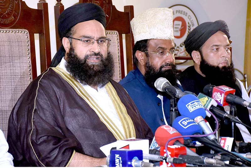 Chairman Pakistan Ullema Council and Special Representative of Prime Minister of Pakistan for Interfaith Harmony and Middle East Hafiz Muhammad Tahir Mahmood Ashrafi addresses Press Conference along with Ulema Mashaikh at Lahore Press club