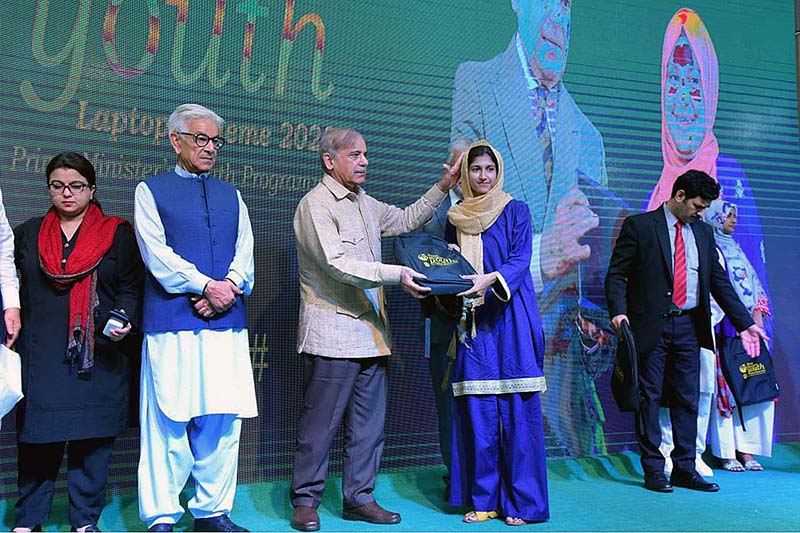 Prime Minister Muhammad Shehbaz Sharif distributes laptops among the high achievers of public sector universities under the PM’s Youth Laptop Scheme