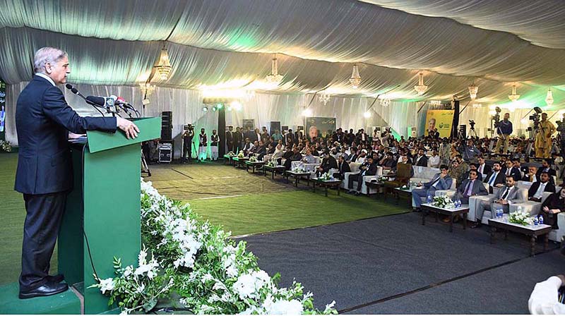 Prime Minister Muhammad Shehbaz Sharif addresses the PM's Youth Laptop and Youth Business Loan distributing ceremony at Governor House