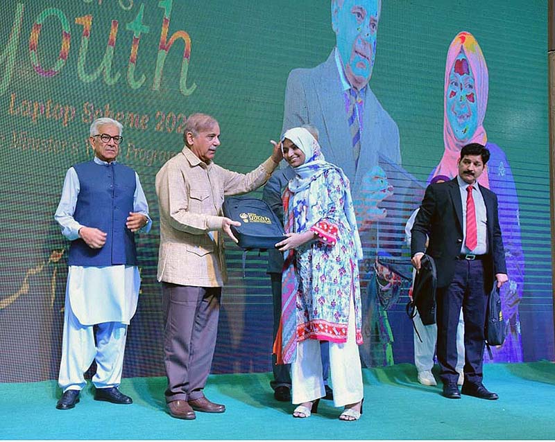 Prime Minister Muhammad Shehbaz Sharif distributes laptops among the high achievers of public sector universities under the PM’s Youth Laptop Scheme