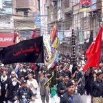 A large number of mourners attend the procession of Ashura on the 10th Muharram at Qissa Khwani Bazar. Ashoura is the commemoration marking the Shahadat (death) of Hussein (AS), the grandson of the Prophet Muhammad (PBUH), with his family members and some of his companions massacred in battle of Karbala for the upright of Islam