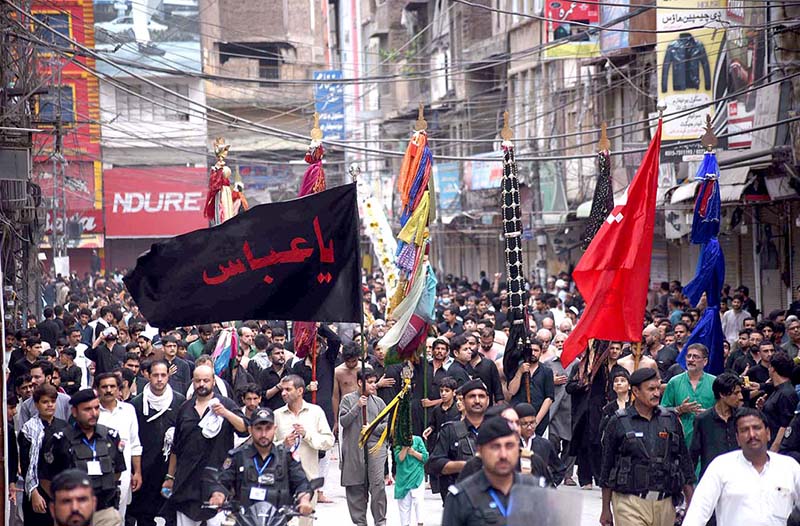 A large number of mourners attend the procession of Ashura on the 10th Muharram at Qissa Khwani Bazar. Ashoura is the commemoration marking the Shahadat (death) of Hussein (AS), the grandson of the Prophet Muhammad (PBUH), with his family members and some of his companions massacred in battle of Karbala for the upright of Islam