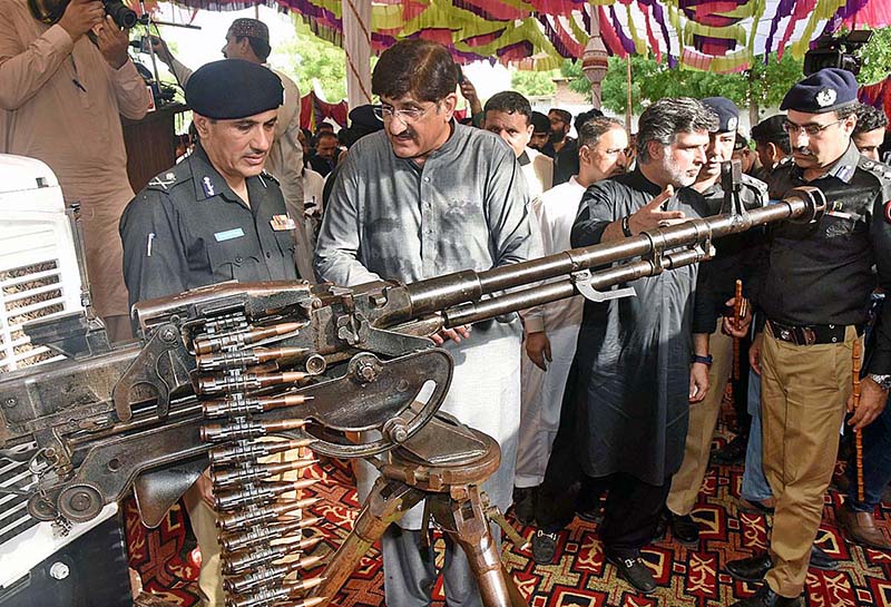 Sindh Chief Minister Syed Murad Ali Shah inspects Mortar Shell recovered from the possession of dacoits after operation in the Kashmore area
