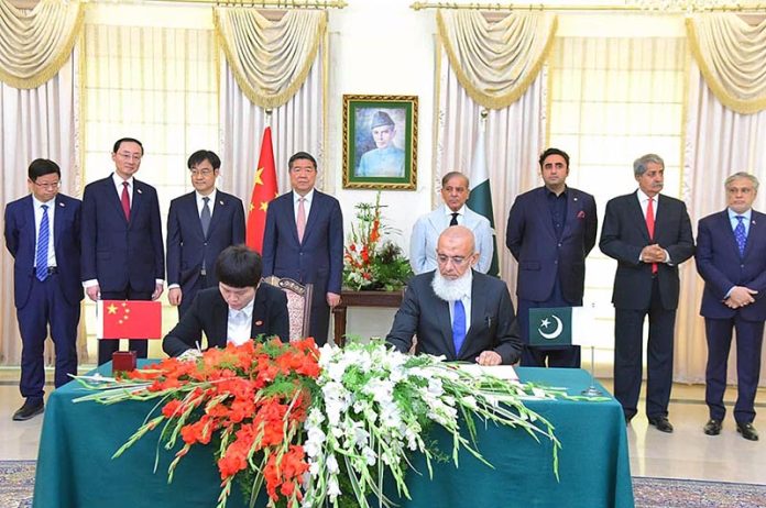 Prime Minister Muhammad Shehbaz Sharif and Vice -Premier of State Council of China He Lifeng witnessing the signing ceremony of agreements/MoUs regarding cooperation between the two countries in various fields