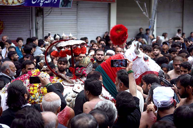 A large number of mourners attend the procession of Ashura on the 10th Muharram at Qissa Khwani Bazar. Ashoura is the commemoration marking the Shahadat (death) of Hussein (AS), the grandson of the Prophet Muhammad (PBUH), with his family members and some of his companions massacred in battle of Karbala for the upright of Islam