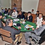 Sindh Chief Minister Syed Murad Ali Shah presides over a law-and-order meeting Provincial Ministers and Inspector General of Police Ghulam Nabi Memon are seen attending the meeting at SSP Office Kandhkot -Kashmore