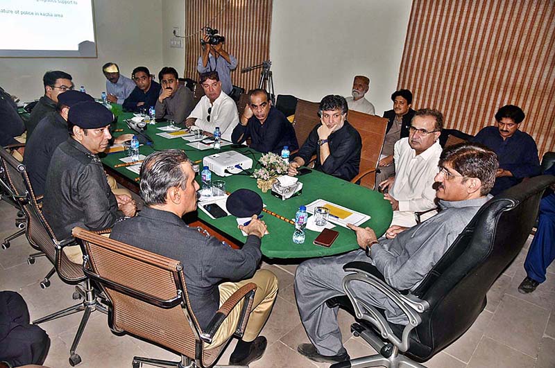 Sindh Chief Minister Syed Murad Ali Shah presides over a law-and-order meeting Provincial Ministers and Inspector General of Police Ghulam Nabi Memon are seen attending the meeting at SSP Office Kandhkot -Kashmore