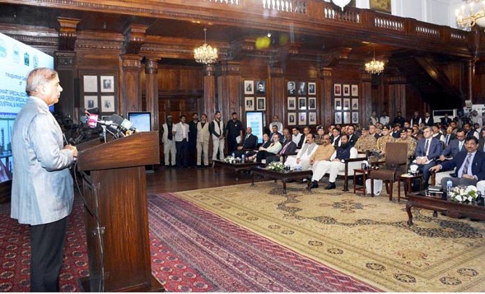 Prime Minister Muhammad Shehbaz Sharif addressing the groundbreaking ceremony of three special economic zones: Smart Special Economic Zone Shiekhupura, Ombre Special Economic Zone Lahore and Sundar Green Special Economic Zone Lahore