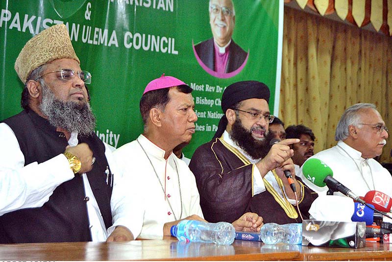 Hafiz Tahir Mahmood Ashrafi, Chairman Pakistan Ulema Council and Special Representative to PM on Interfaith Harmony in a group photo with other religious leaders after addressing a joint press conference and strongly condemns despicable act of desecration of Holy Quran in Sweden at Central Cathedral of Praying Hands Church