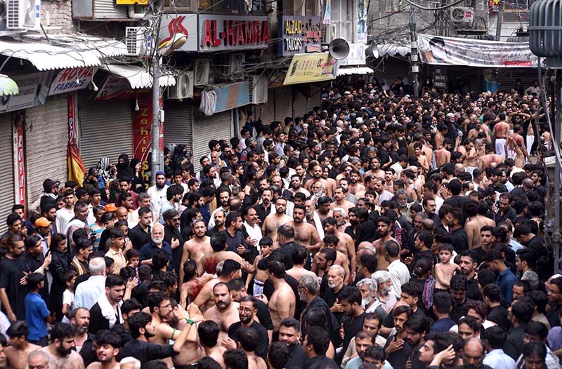 A large number of mourners attend the procession of Ashura on the 10th Muharram at Qissa Khwani Bazar. Ashoura is the commemoration marking the Shahadat (death) of Hussein (AS), the grandson of the Prophet Muhammad (PBUH), with his family members and some of his companions massacred in battle of Karbala for the upright of Islam