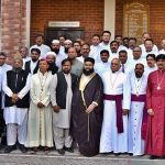 Hafiz Tahir Mahmood Ashrafi, Chairman Pakistan Ulema Council and Special Representative to PM on Interfaith Harmony in a group photo with other religious leaders after addressing a joint press conference and strongly condemns despicable act of desecration of Holy Quran in Sweden at Central Cathedral of Praying Hands Church