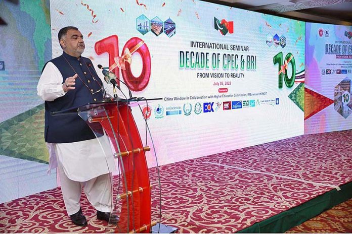Caretaker Minister for Information and Religious Affairs KP Mr. Barrister Feroz Jamal Shah Kaka Khail addressing an International Seminar on DECADE of CPEC & BRI