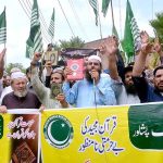 Pakistan Markazi Muslim League workers protesting against desecration of Holy Quran outside a Stockholm Mosque in front of Press Club