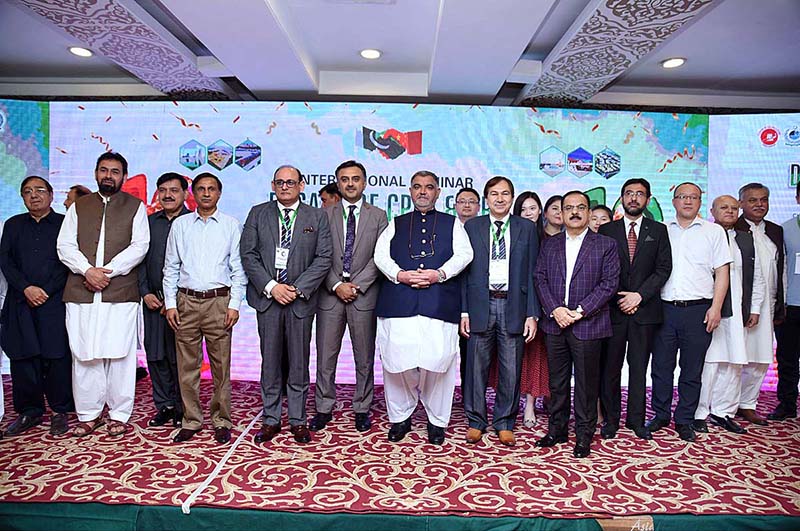 Caretaker Minister for Information and Religious Affairs KP Mr. Barrister Feroz Jamal Shah Kaka Khail addressing an International Seminar on DECADE of CPEC & BRI