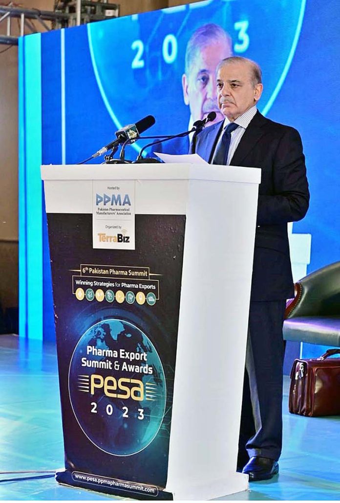 Prime Minister Muhammad Shehbaz Sharif addresses the 6th Pharma Export Summit and Awards Ceremony