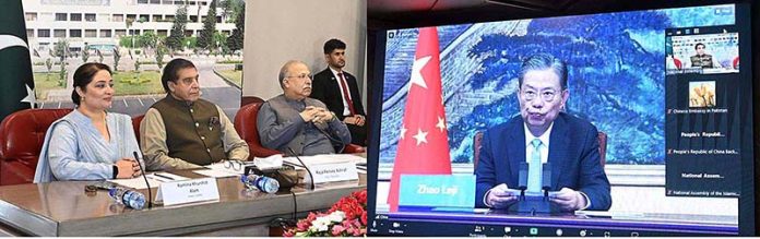 Speaker National Assembly Raja Pervez Ashraf in a virtual meeting with Mr. Zhao Leji Chairman of China's 14 National People's Congress Standing Committee at Parliament House