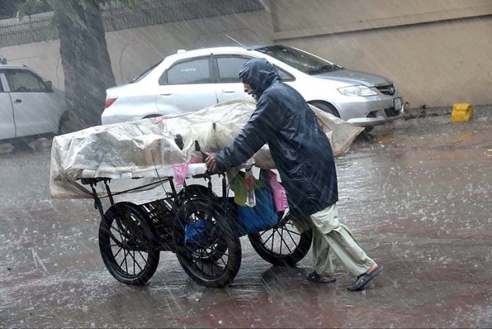 An aged person pushing his handcart loading with vegetable during heavy rain in the city