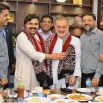 Sindh Minister for local bodies Sindh Syed Nasir Hussain Shah along with Sindh Information Minister Sharjeel Inam Memon sharing Sindhi Ajrak during visiting at KPC