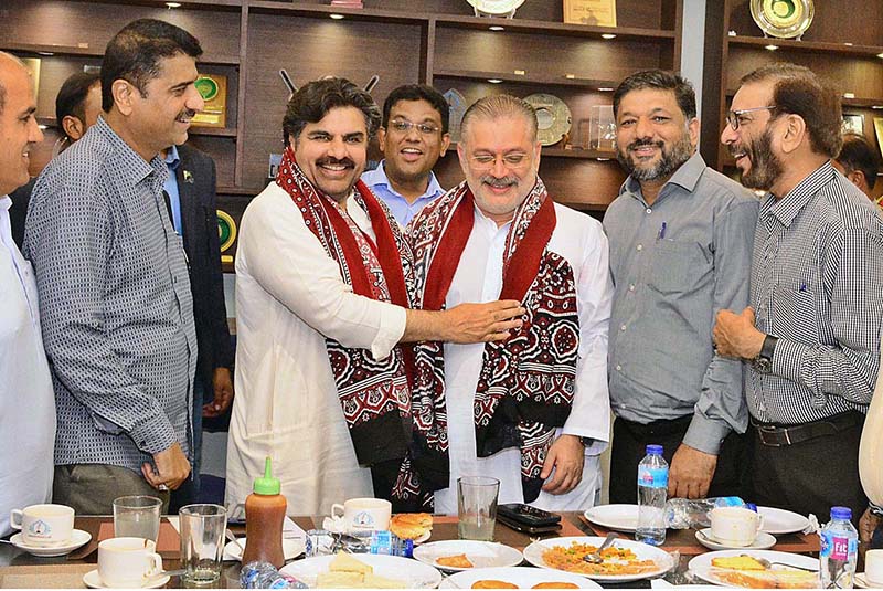 Sindh Minister for local bodies Sindh Syed Nasir Hussain Shah along with Sindh Information Minister Sharjeel Inam Memon sharing Sindhi Ajrak during visiting at KPC