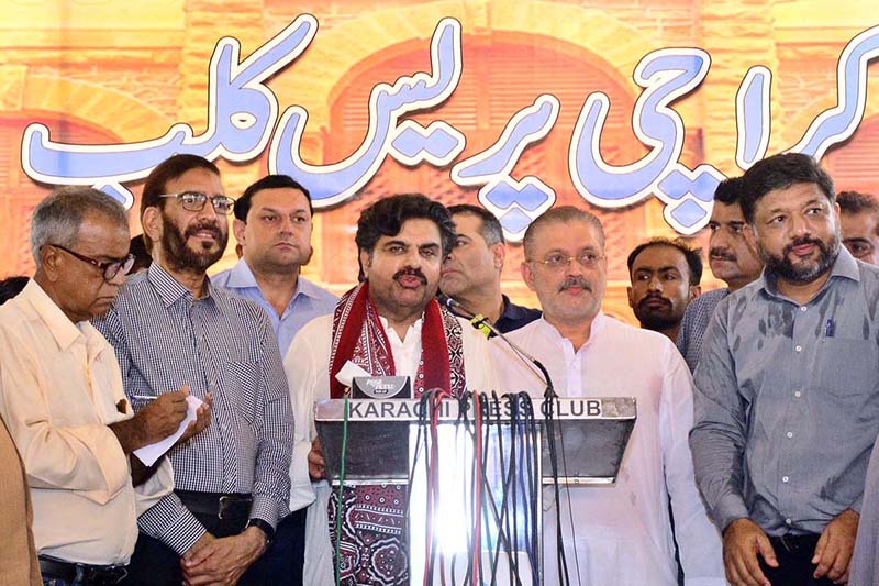 Sindh Minister for local bodies Sindh Syed Nasir Hussain Shah along with Sindh Information Minister Sharjeel Inam Memon talking to media during his visit at Karachi Press Club