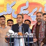 Mayor of Karachi Murtaza Wahab along with Deputy Mayor Salman Abdullah Murad talking to media during their visit to KPC