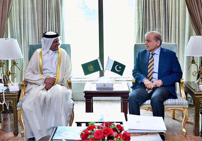 The outgoing Ambassador of Qatar in Pakistan Sheikh Saoud Abdurahman Al Thani call on the Prime Minister Muhammad Shehbaz Sharif