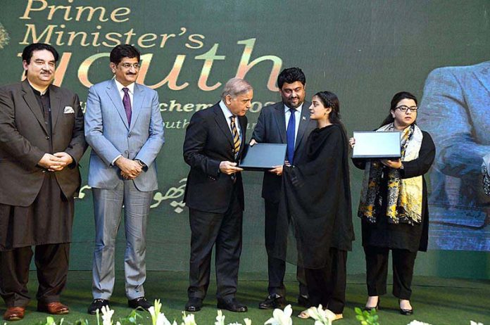 Prime Minister Muhammad Shehbaz Sharif distributes laptops among the high achievers of public sector universities of Sindh under PM's Youth Laptop Scheme 2023 at Governor House Prime Minister Muhammad Shehbaz Sharif distributes laptops among the high achievers of public sector universities of Sindh under PM's Youth Laptop Scheme 2023 at Governor House