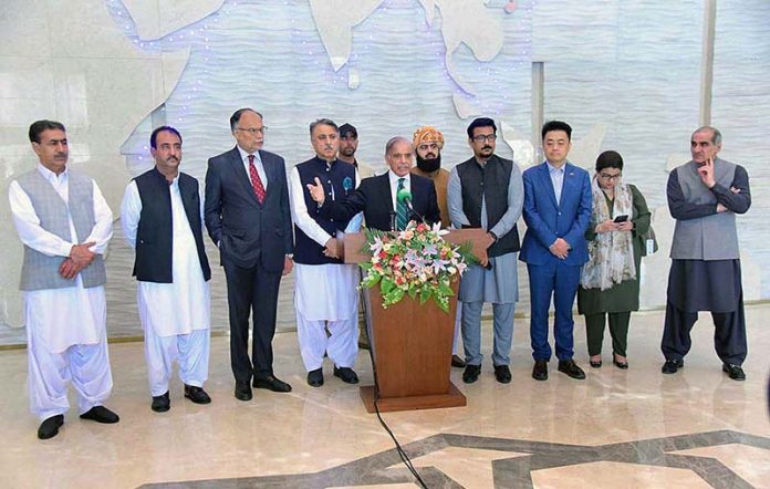 Prime Minister Muhammad Shehbaz Sharif addresses the media in Gwadar Business Center
