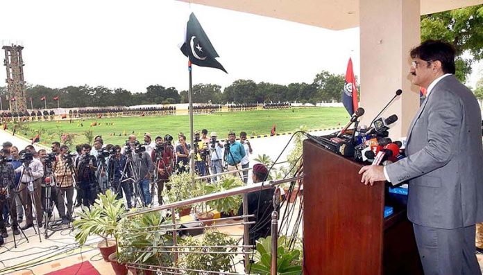 Sindh Chief Minister Syed Murad Ali Shah speaks at the 117th passing out parade ceremony at Shahid Hayat Police Training College, Saeedabad