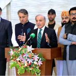 Prime Minister Muhammad Shehbaz Sharif addresses the media in Gwadar Business Center
