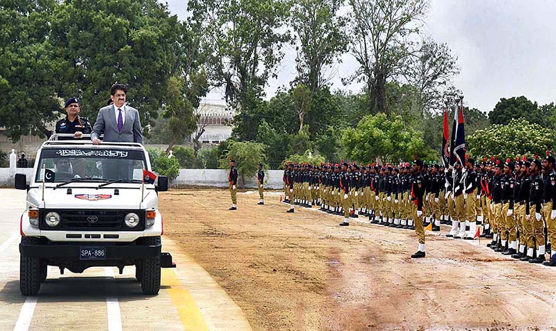 Sindh Chief Minister Syed Murad Ali Shah inspects the passing out parade at Shahid Hayat Police Training College, Saeedabad