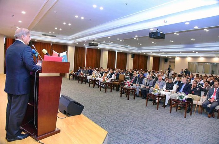Prime Minister Muhammad Shehbaz Sharif addresses the ceremony of distribution of cheques among the fishermen of Gwadar and distribution of laptops among high-achievers of Gwadar University under Prime Minister’s Youth Laptop Scheme 2023