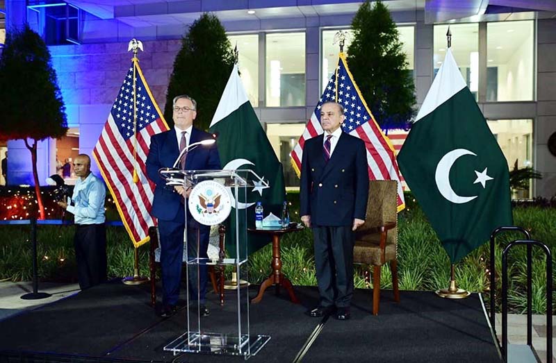 Prime Minister Muhammad Shehbaz Sharif addressing a ceremony of the celebration of the 247th Independence Day of the United States of America