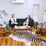 Ester Perez Luis, the International Monetary Fund's (IMF) resident representative, calls on the finance team of the Pakistan People's Party (PPP), including Syed Naveed Qamar, the Federal Minister for Commerce, and Senator Saleem Mandviwala