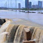A view of Korangi Road has been closed for traffic due to flooding of Malir River