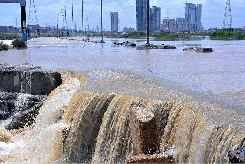 A view of Korangi Road has been closed for traffic due to flooding of Malir River