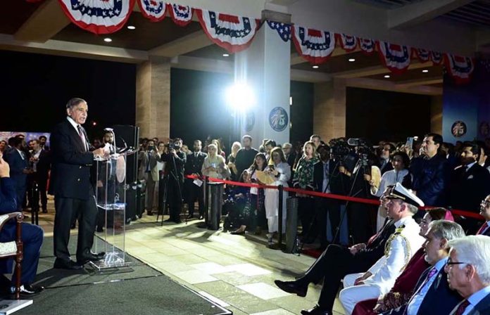 Prime Minister Muhammad Shehbaz Sharif addressing a ceremony of the celebration of the 247th Independence Day of the United States of America
