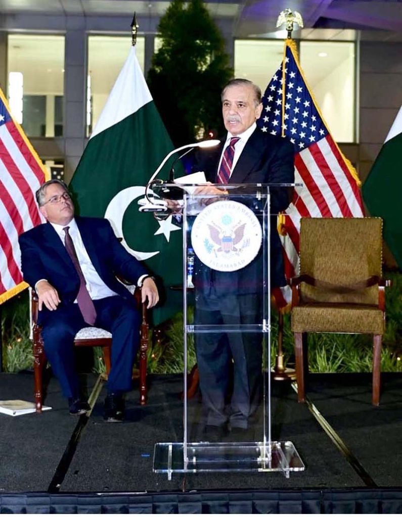 Prime Minister Muhammad Shehbaz Sharif addressing a ceremony of the celebration of the 247th Independence Day of the United States of America