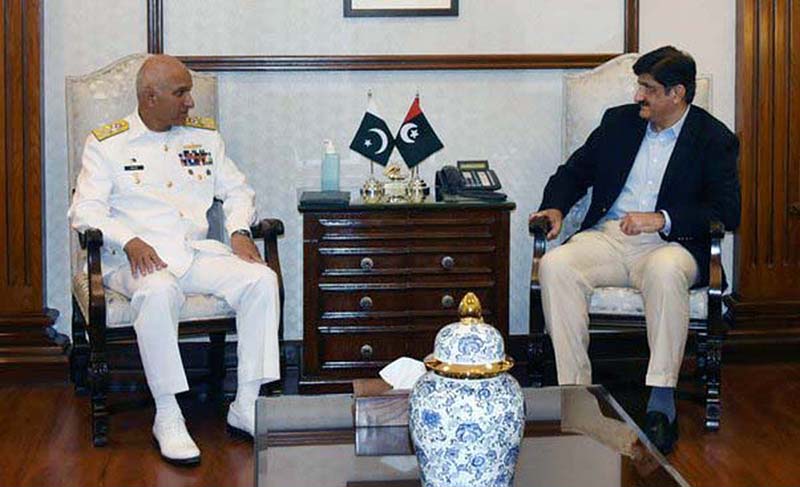 Sindh Chief Minister Syed Murad Ali Shah exchanges views with Chief of the Naval Staff Pakistan Admiral Muhammad Amjad Khan Niazi at CM House