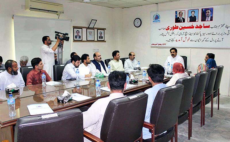 Federal Minister for Overseas Pakistanis & HRD, Sajid Hussain Turi chairing a meeting at OPF Regional Office