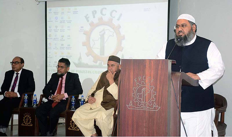 Chairman, Shariah Advisory Committee State Bank of Pakistan, Mufti Dr Irshad Ahmed Aijaz, addressing a seminar on Islamic Finance organized by FPCCI at Federation House