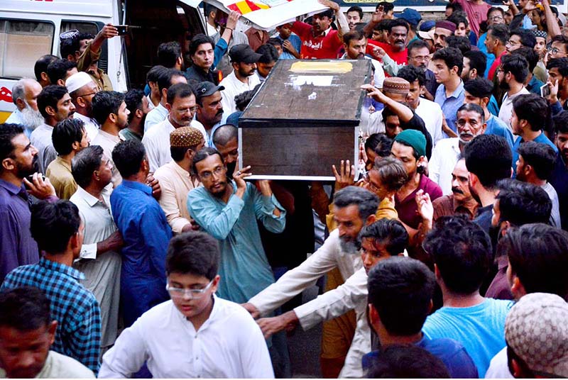 Relatives of deceased shifting bodies of tourist four people (Three female and one male) from the same house who died in a passenger coach that fell into a ditch in Gilgit are being brought to their residence in Sarfraz Colony
