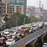 A view of heavy traffic jam at Shahrah-e-Faisal
