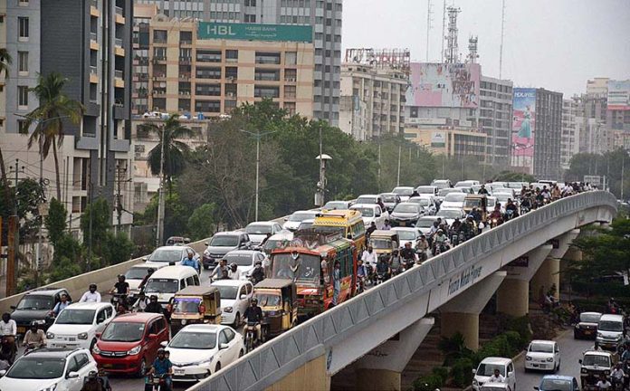 A view of heavy traffic jam at Shahrah-e-Faisal