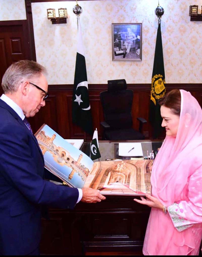Federal Minister for Information and Broadcasting, Marriyum Aurangzeb presenting a coffee table book to Ambassador of Australia, Neil Hawkins