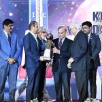 Prime Minister Muhammad Shehbaz Sharif presenting awards to highest exporters at "KCCI Exports Trophy Awards Ceremony 2022-23".