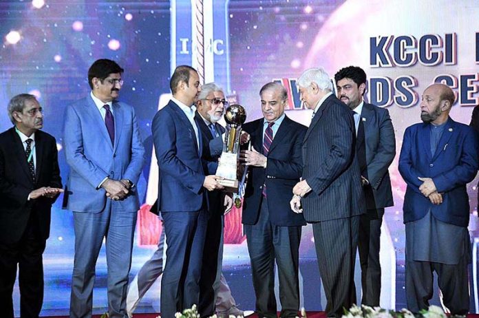 Prime Minister Muhammad Shehbaz Sharif presenting awards to highest exporters at "KCCI Exports Trophy Awards Ceremony 2022-23". Prime Minister Muhammad Shehbaz Sharif presenting awards to highest exporters at "KCCI Exports Trophy Awards Ceremony 2022-23".