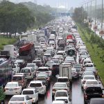 A view of massive traffic jam at Islamabad Expressway during rain that experienced the Federal Capital