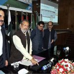 Caretaker Federal Minister for Education & Professional Training Madad Ali Sindhi press the button to announce result during Federal Board of Intermediate and Secondary Education (FBISE) Result Declaration ceremony of HSSC Part I & II, 1st Annual Exam 2023